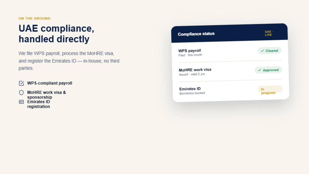 UAE compliance handled directly by Masdar EOR: WPS payroll cleared, MoHRE work visa approved, and Emirates ID in progress