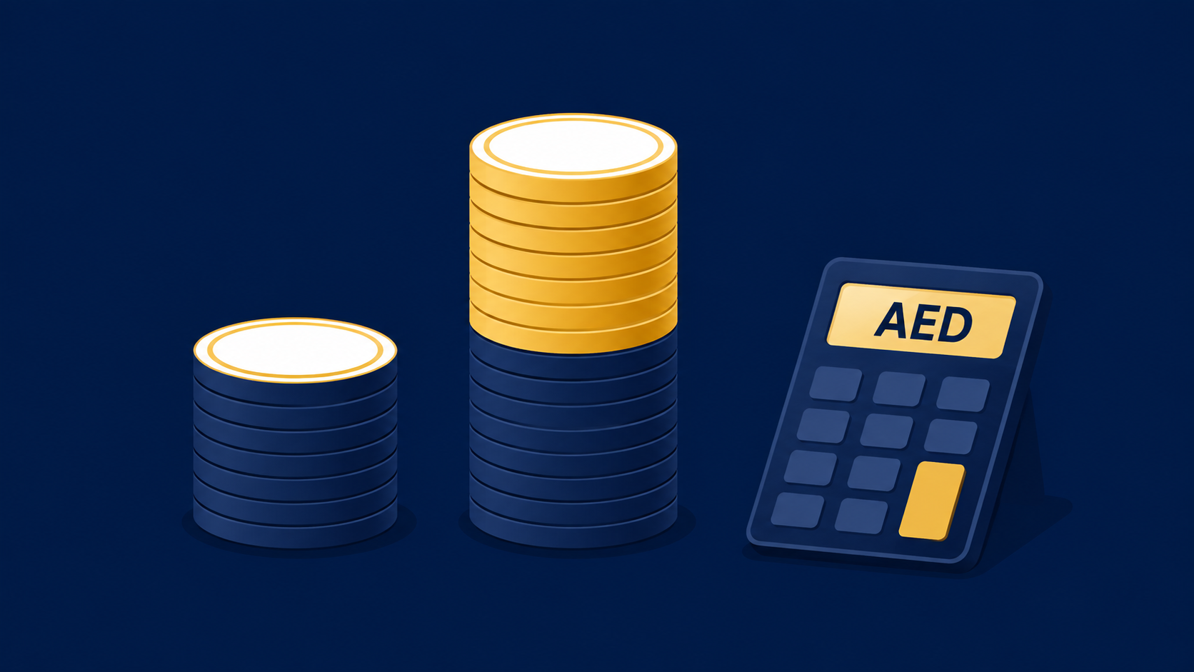 AED coin stacks and a calculator illustrating a monthly employment cost breakdown in Dubai