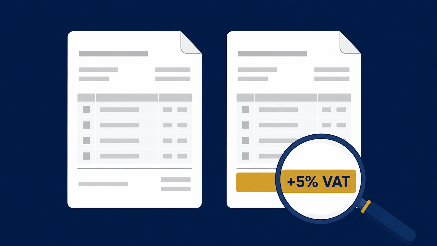 Two Dubai employment invoices compared, one with 5% VAT added on top of the full invoice value